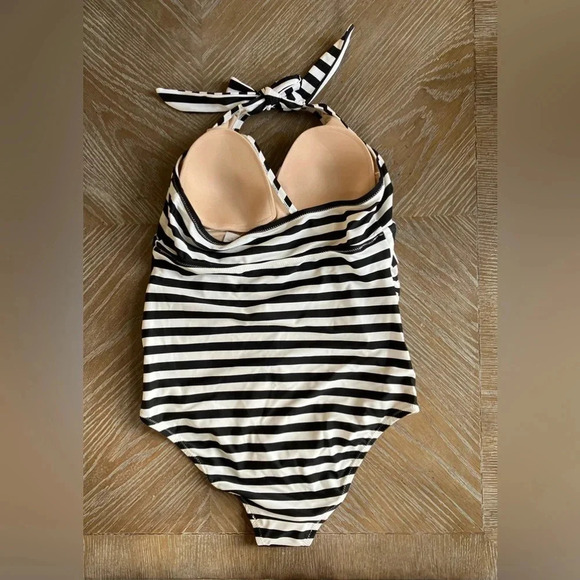 NWT Motherhood Maternity Beach Bump One Piece Swimsuit Black White Stripe Halter - Picture 4 of 8